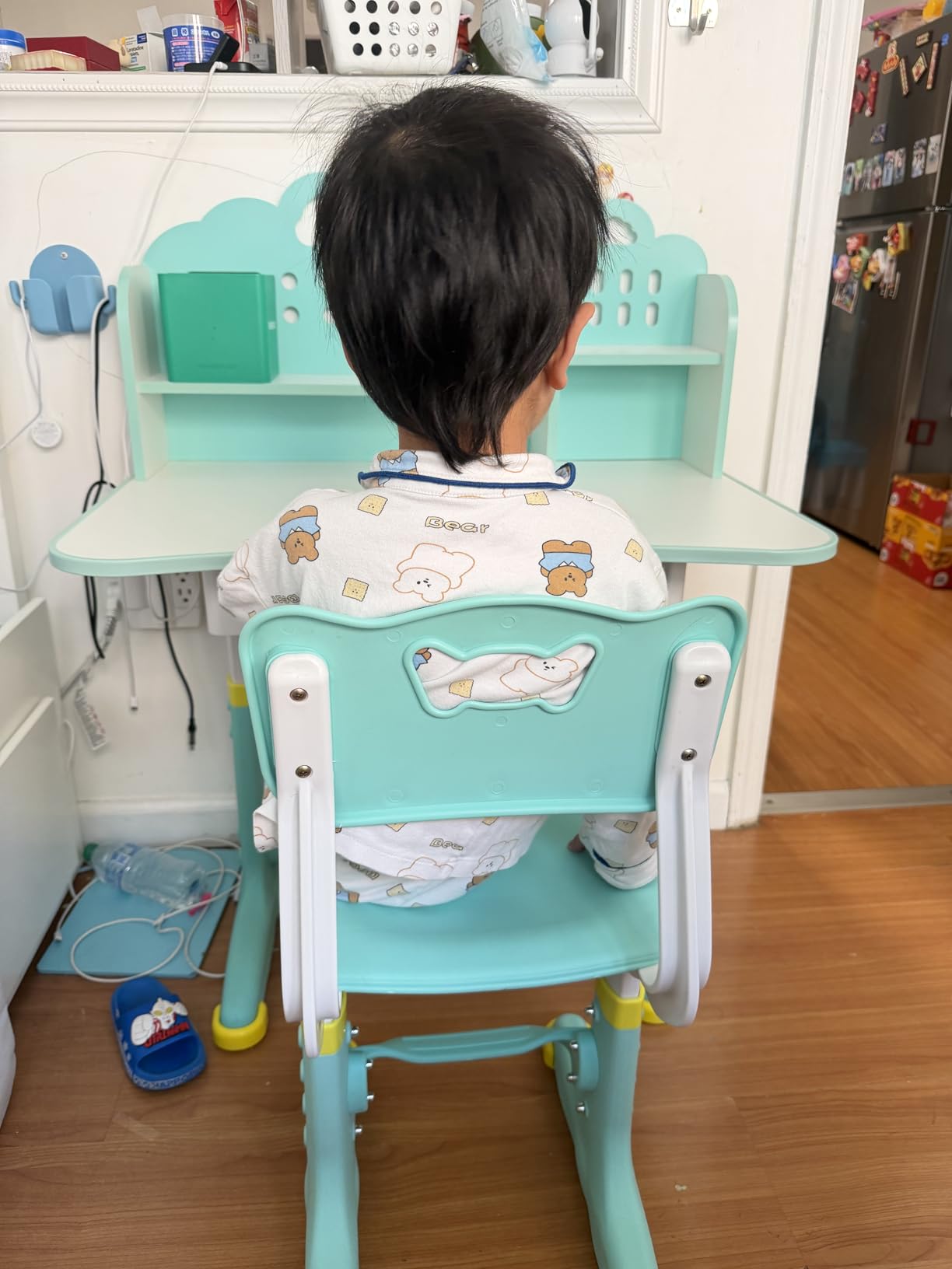 Kids Study Desk and Chair Set 3-12 - Height Adjustable Children Study Table | Ergonomic Chair | Widened Desktop | School Study Writing Art Desk with Bookstand and Storage Drawer for Boy & Girl (Cyan) customer photo 2