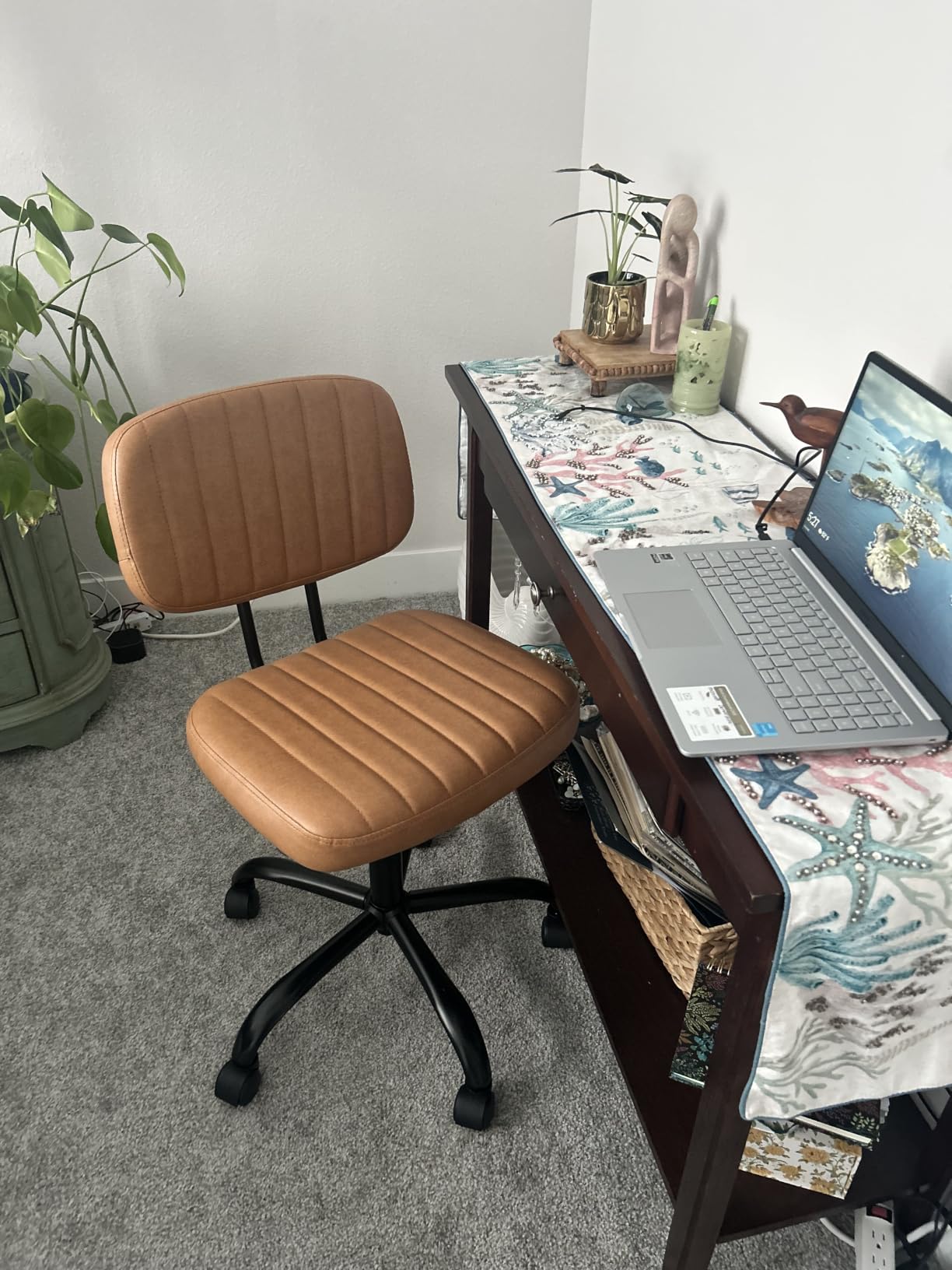 DUMOS Armless Office Chair, Small Home Desk Chair, Lumbar Support | PU Leather Low Back, Height Adjustable 360 Swivel Wheels, Computer Task, Beige customer photo 1