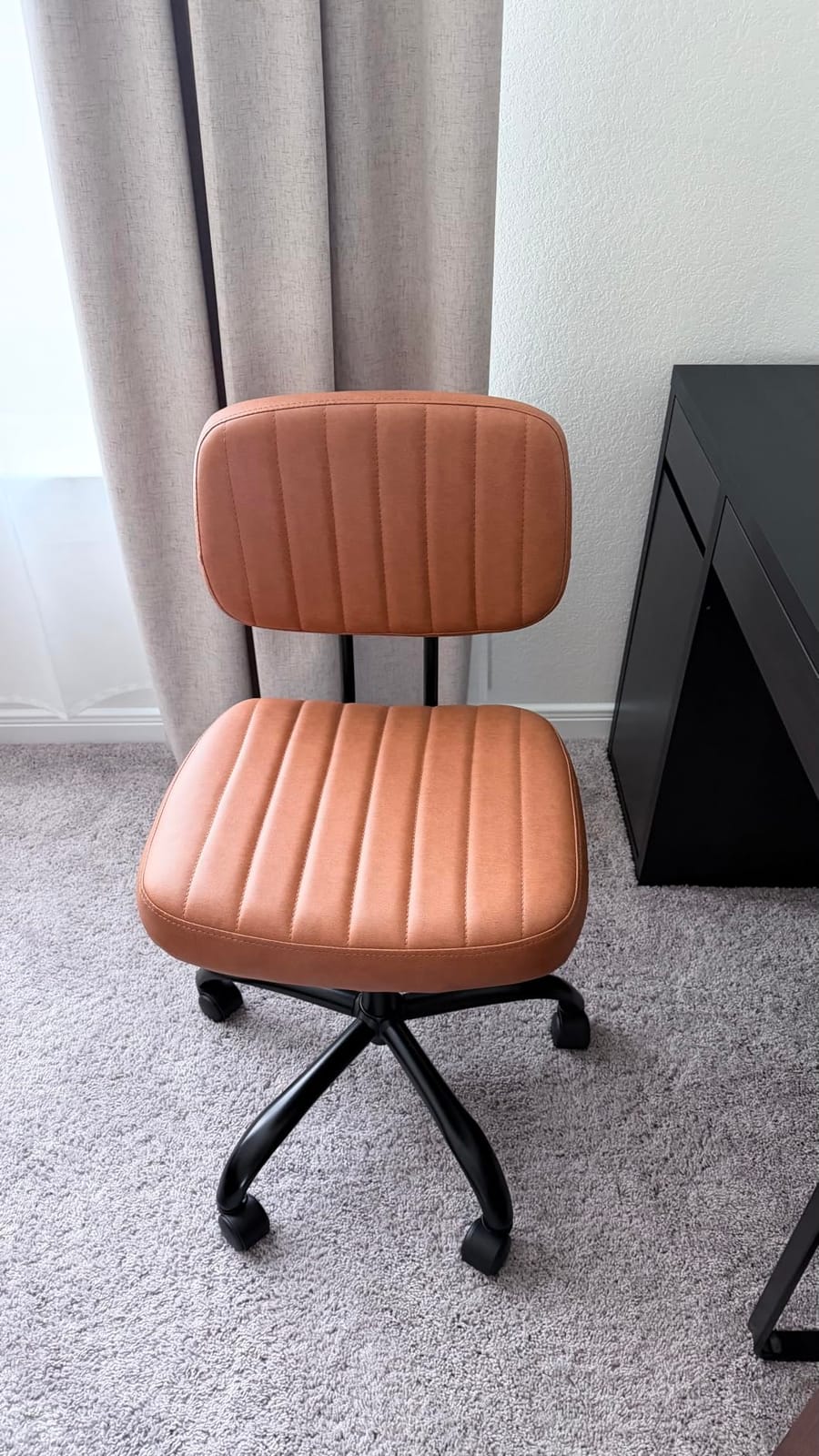 DUMOS Armless Office Chair, Small Home Desk Chair, Lumbar Support | PU Leather Low Back, Height Adjustable 360 Swivel Wheels, Computer Task, Beige customer photo 2