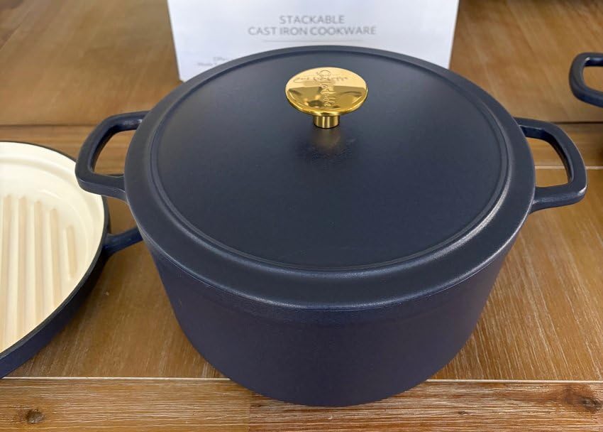 Sur La Table Kitchen Essentials 4-Piece Enameled Cast Iron Stackable Cookware Set, 5.3 Qt Dutch Oven with Lid, Braiser & Grill Pan, Navy Blue, Gold Knob Oven Safe to 500°F, Induction Compatible customer photo 1