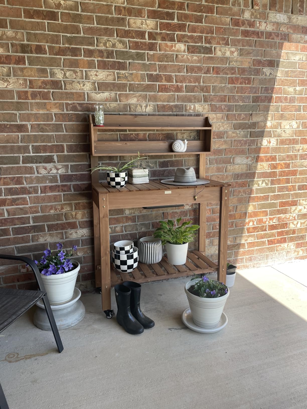 Best Choice Products Mobile Garden Potting Bench, Outdoor Wood Workstation Table w/Sliding Tabletop, 4 Locking Wheels, Food Grade Dry Sink, Storage Shelves - Sage Green customer photo 1
