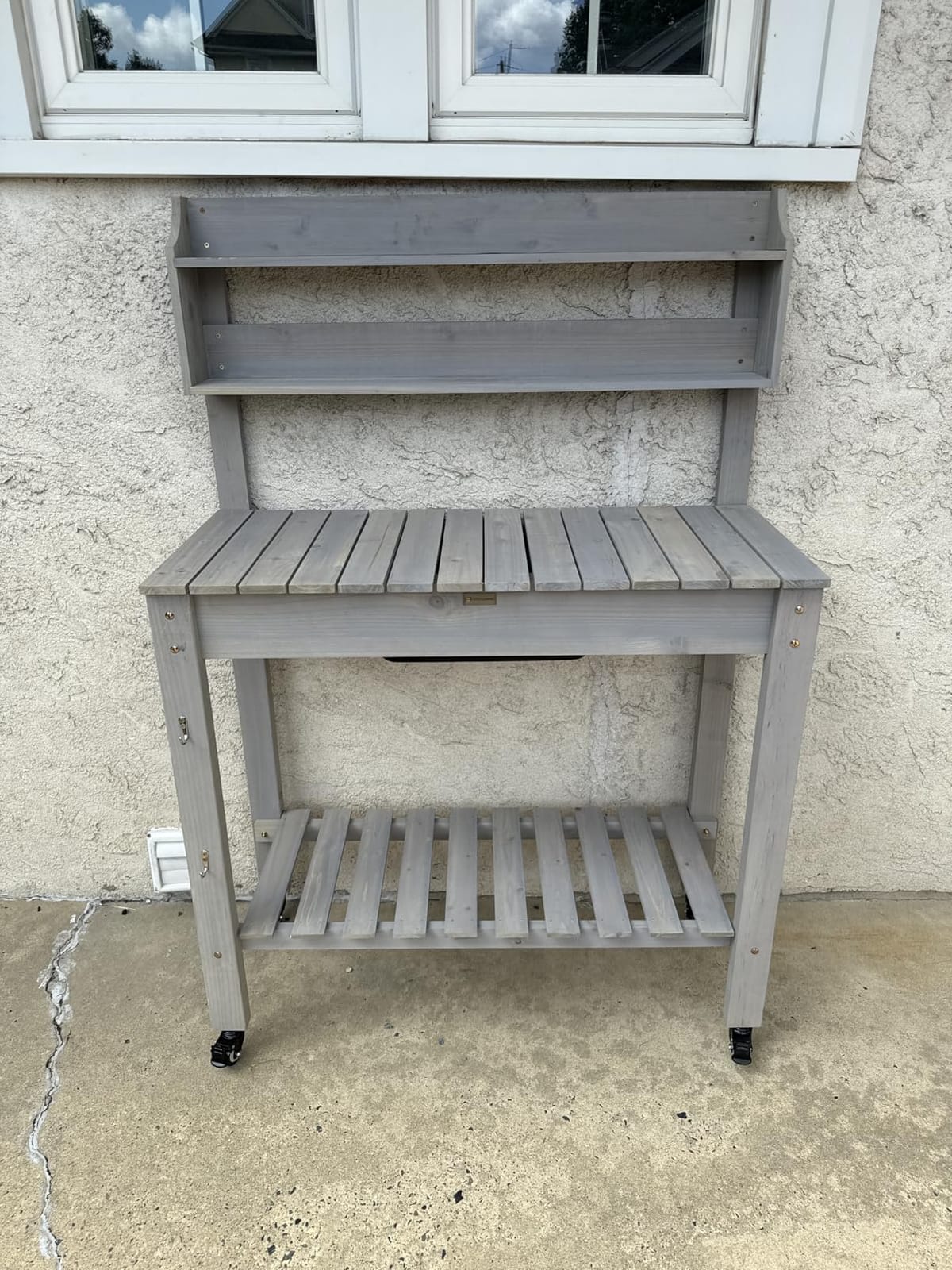 Best Choice Products Mobile Garden Potting Bench, Outdoor Wood Workstation Table w/Sliding Tabletop, 4 Locking Wheels, Food Grade Dry Sink, Storage Shelves - Sage Green customer photo 2