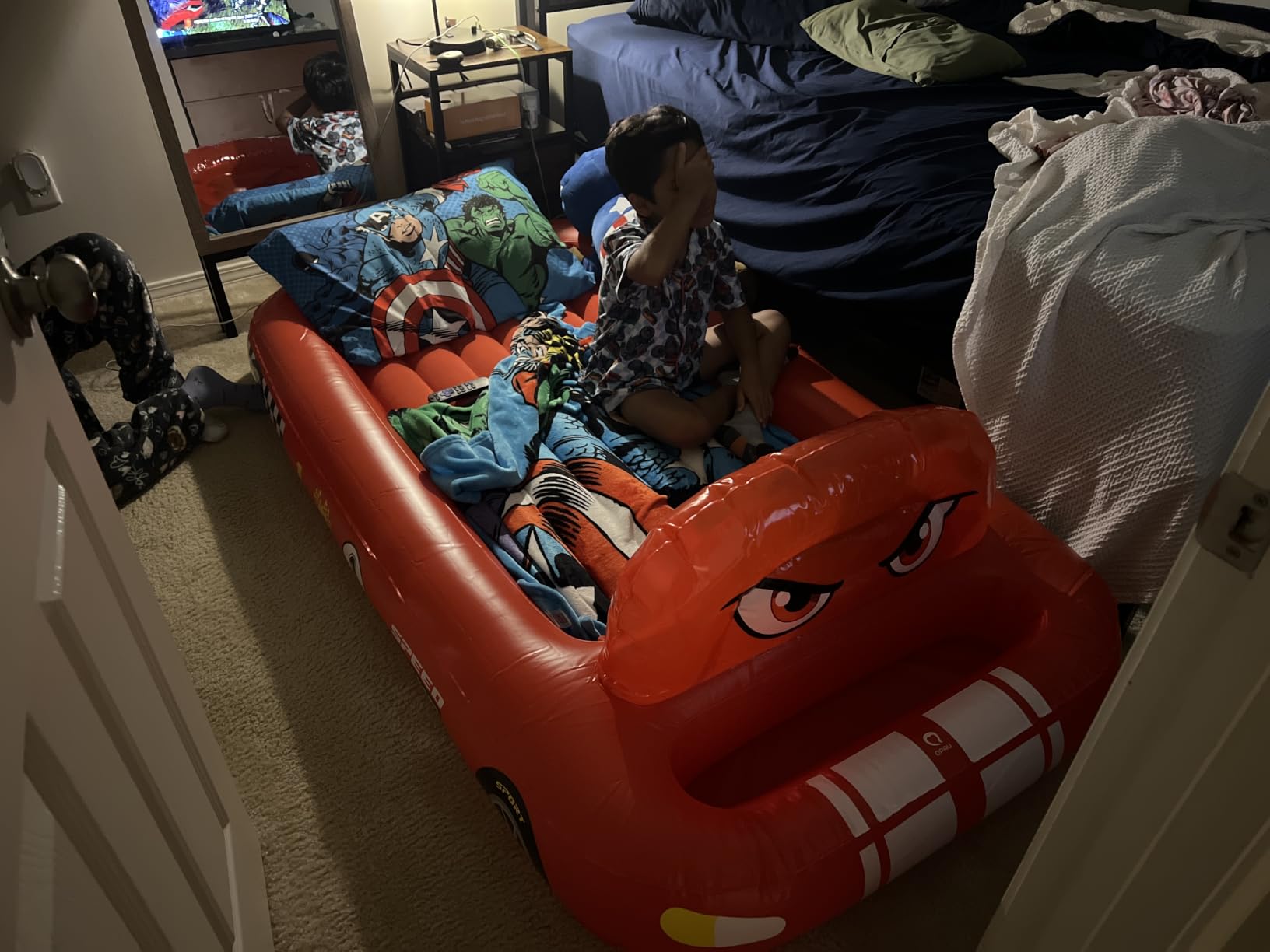 QPAU Inflatable Toddler Travel Bed with Tent & Electric Pump, Ages 3+, Red - Race Car Design Kids Air Mattress, Carry Bag Included, Portable Blow Up Design, for Home, Family Visits, Camping and Travel customer photo 2