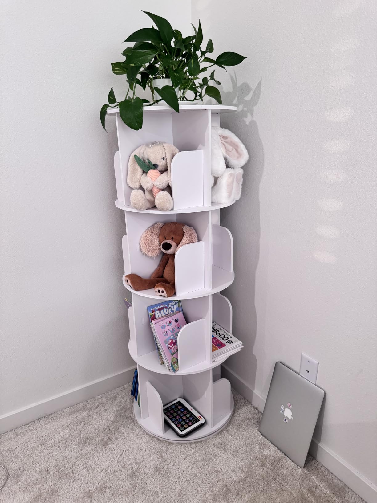 DUMOS 4 Tier Rotating Bookshelf Tower, Spinning Bookshelf for Small Space | 360° Display Revolving Bookcase Lazy Susan, Freestanding Vertical Corner Book shelf for Bedroom, Living Room, Entryway, White customer photo 2