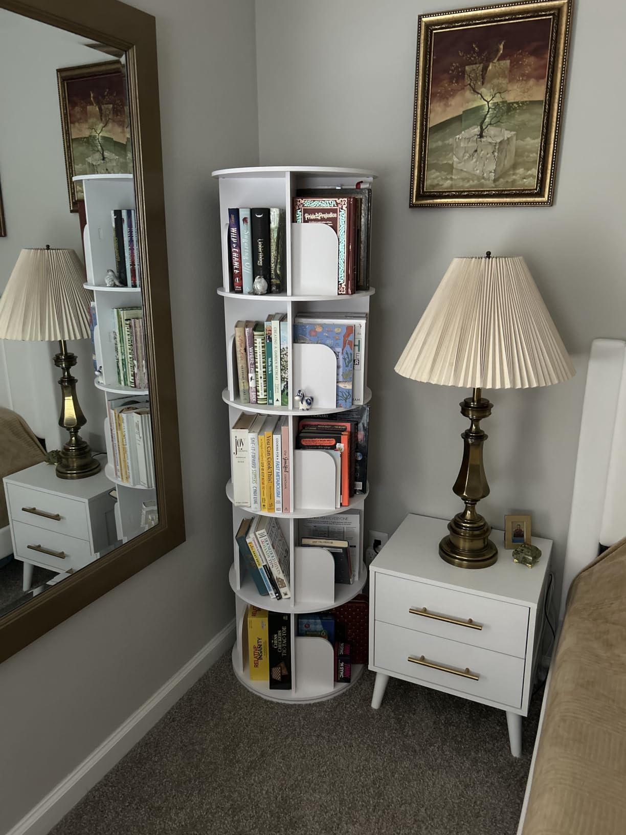 DUMOS 5 Tier Rotating Bookshelf Tower, Spinning Bookshelf for Small Space | 360° Display Revolving Bookcase Lazy Susan, Freestanding Vertical Corner Book shelf for Bedroom, Living Room, Entryway, White customer photo 2