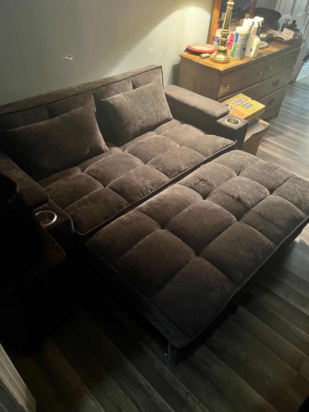 Dreamzie 65'' Convertible Sleeper Sofa Bed with Swivel Side Table, Chenille Pull Out Couch for Living Room, Loveseat Sleeper Couch with Hidden Storage Space | Charging Port | Cup Holders, Grey customer photo 1