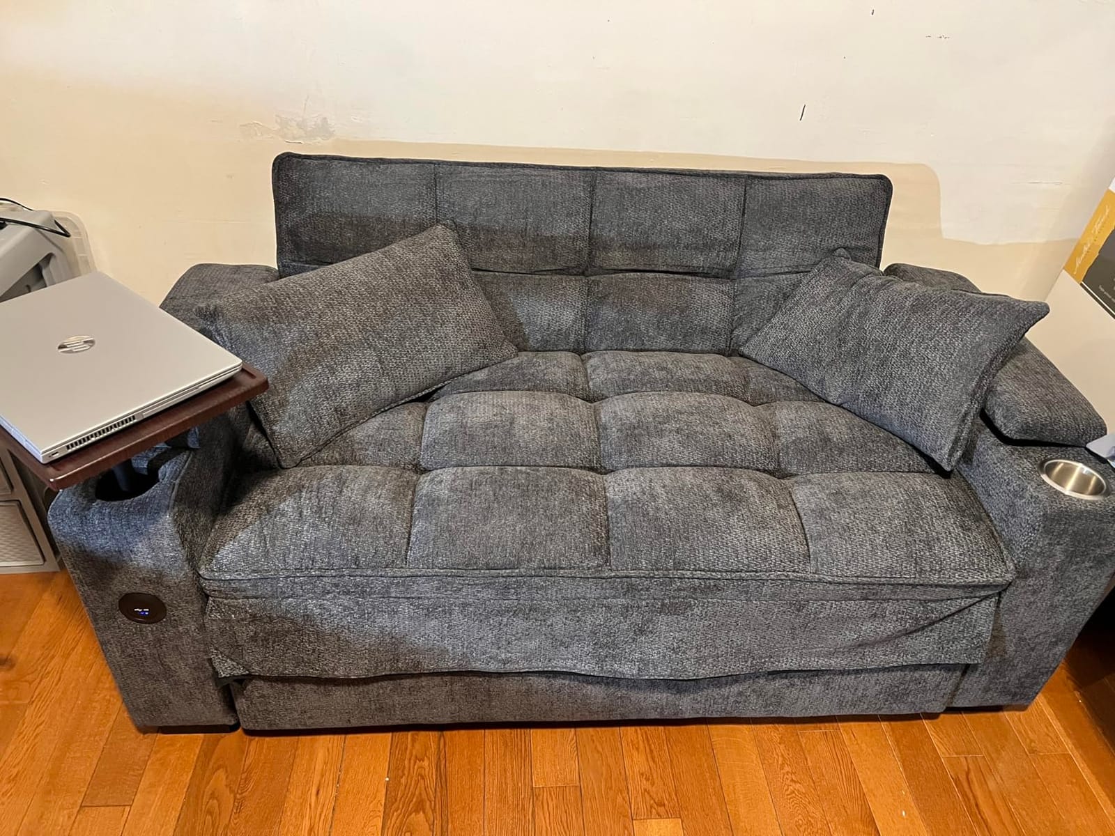 Dreamzie 65'' Convertible Sleeper Sofa Bed with Swivel Side Table, Chenille Pull Out Couch for Living Room, Loveseat Sleeper Couch with Hidden Storage Space | Charging Port | Cup Holders, Grey customer photo 2