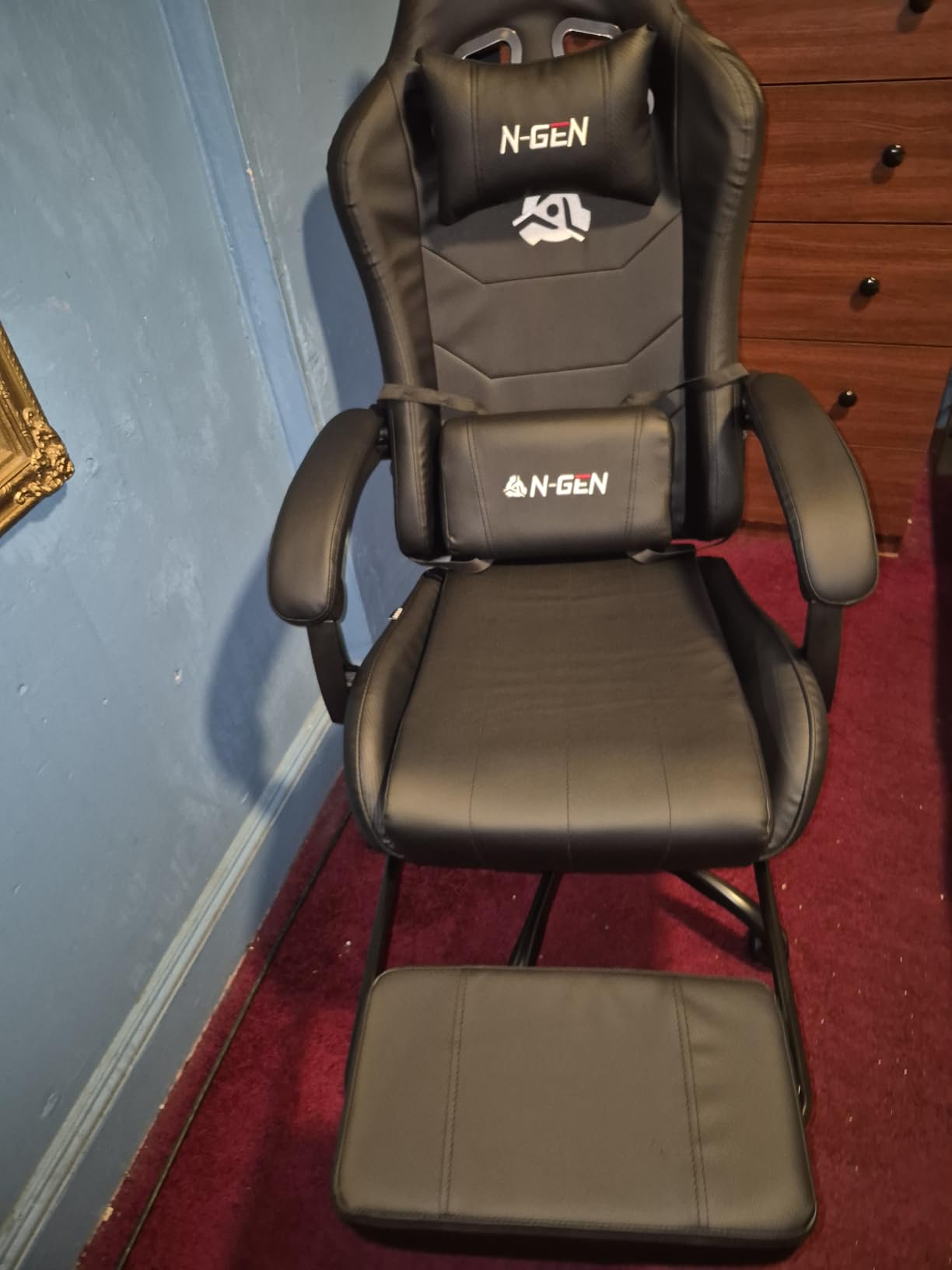 N-GEN GAMING Gaming Chair with Footrest, Lumbar, High-Back, All Black | Reclining Backrest, Linkage Armrests, Durable PU Leather, Adjustable Comfort for Extended Computer, Desk, or Home Office Use customer photo 1
