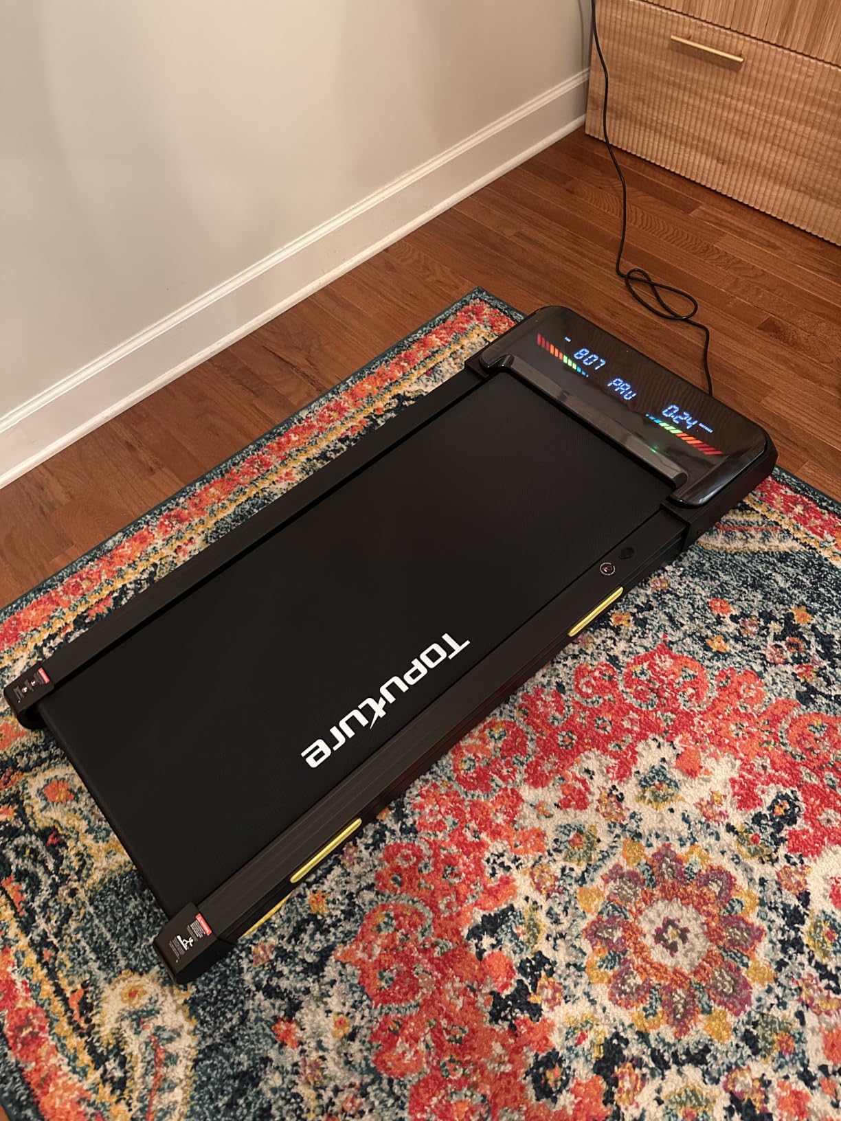 TOPUTURE Walking Pad Treadmill with 15% 15-Level Auto Incline, 3.0HP Quiet Brushless Under Desk Treadmill, Compact Treadmills for Home/Office, RGB LED Screen, Bluetooth Speaker, Remote/App Control customer photo 2