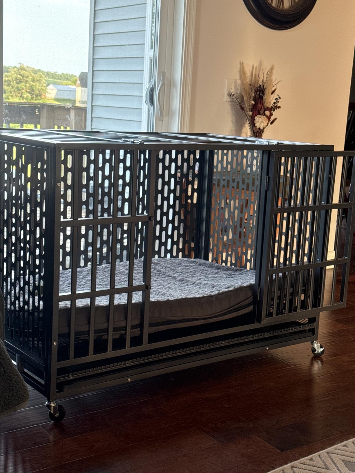 HIWOKK 54 Inch Heavy Duty Indestructible Dog Crate, for High Anxiety Dog | Heavy duty steel, Chew-proof, Dual doors with escape-proof locks, Removable easy clean tray, Locking casters, Easy assembly customer photo 2