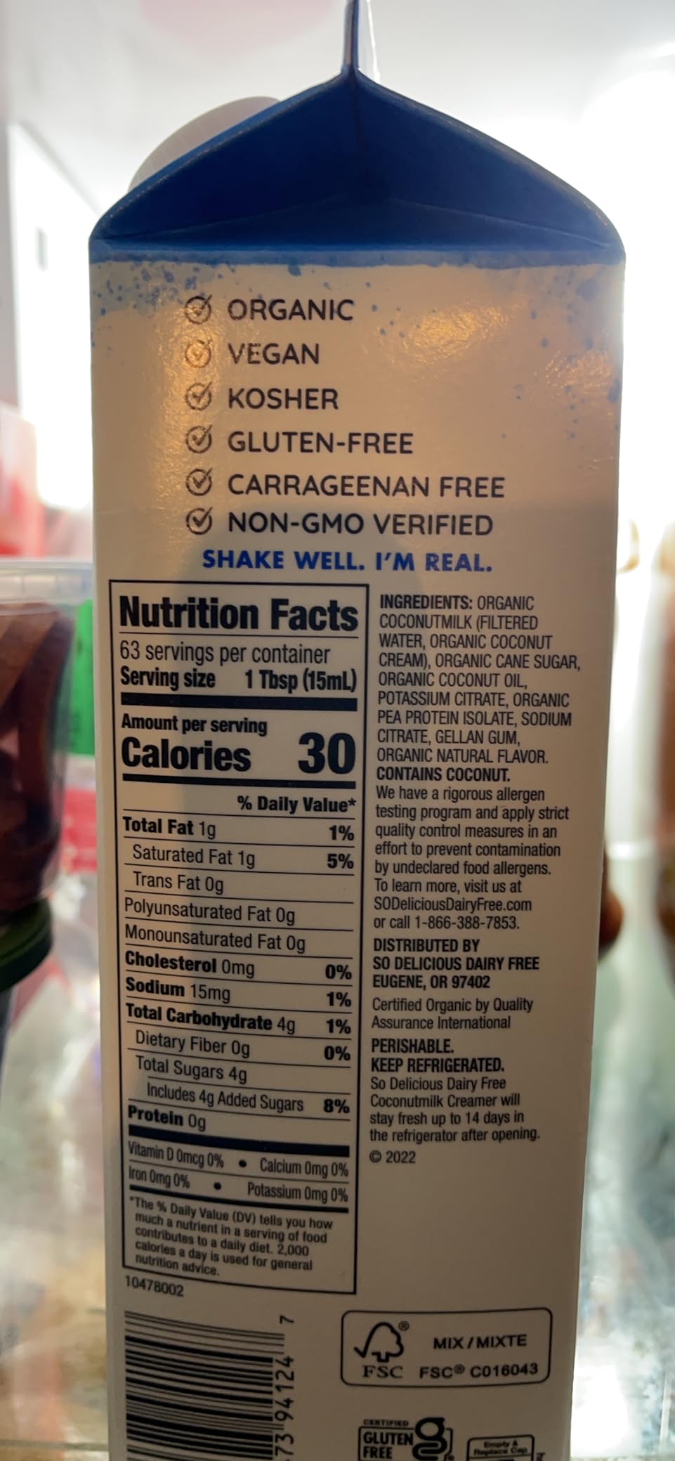 So Delicious Dairy Free Coconut Milk Creamer, French Vanilla, Vegan, Organic, Non-GMO, Creamy Plant Based Coffee Creamer, 32 FL OZ Carton customer photo 1