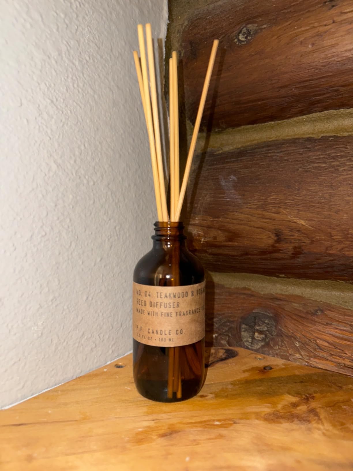 P.F. Candle Co Teakwood & Tobacco Classic Scented Rattan Reed Diffuser (3.5 fl oz) Amber Glass Jar, Fine Fragrance Oil, Low Maintenance Scent Throw, Made in The U.S.A. customer photo 1