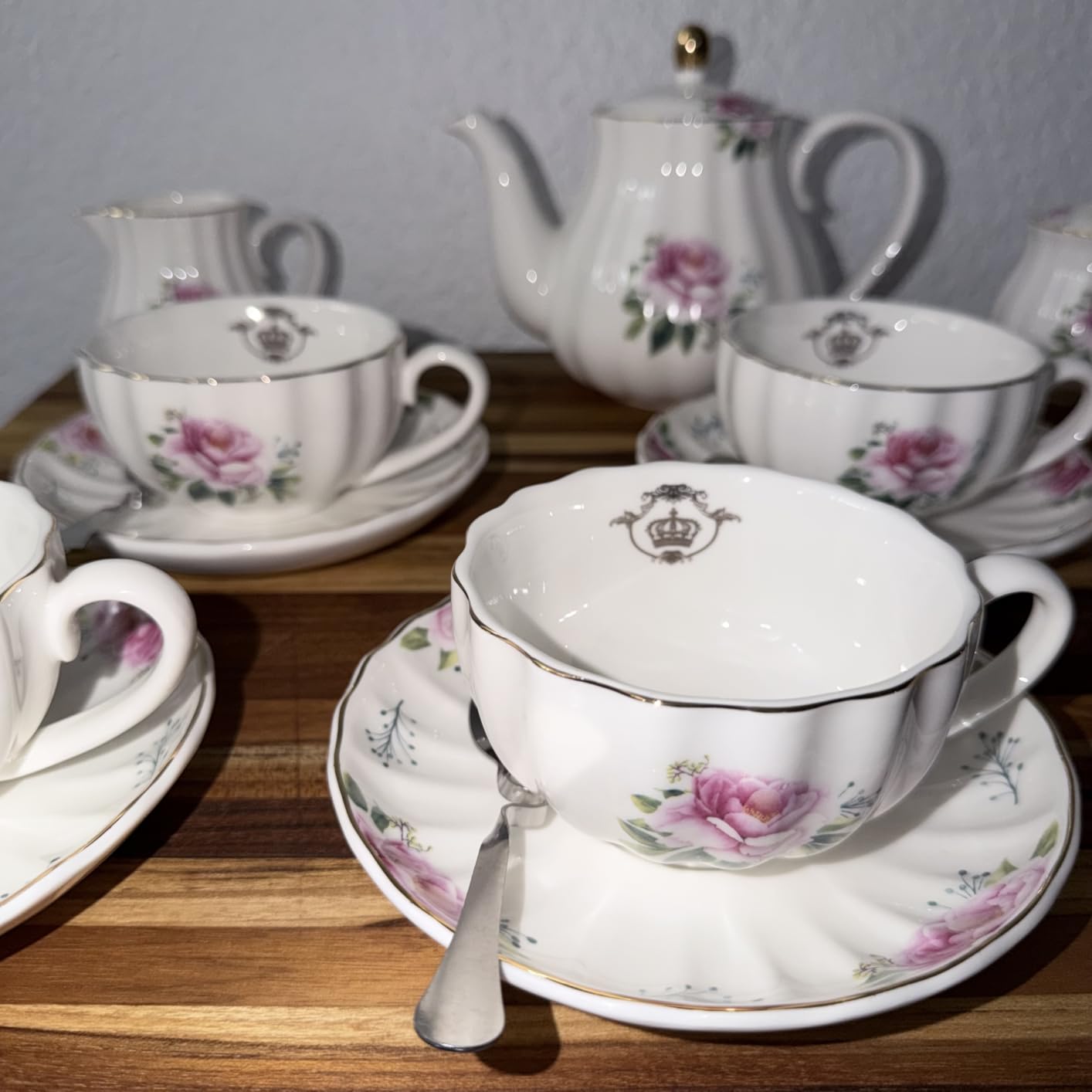 Porcelain Tea Sets British Royal Series, 8 OZ Cups & Saucer Service for 6, with Teapot Sugar Bowl Cream Pitcher Teaspoons and Tea Strainer for Tea/Coffee, Pukka Home (Pure White) customer photo 1