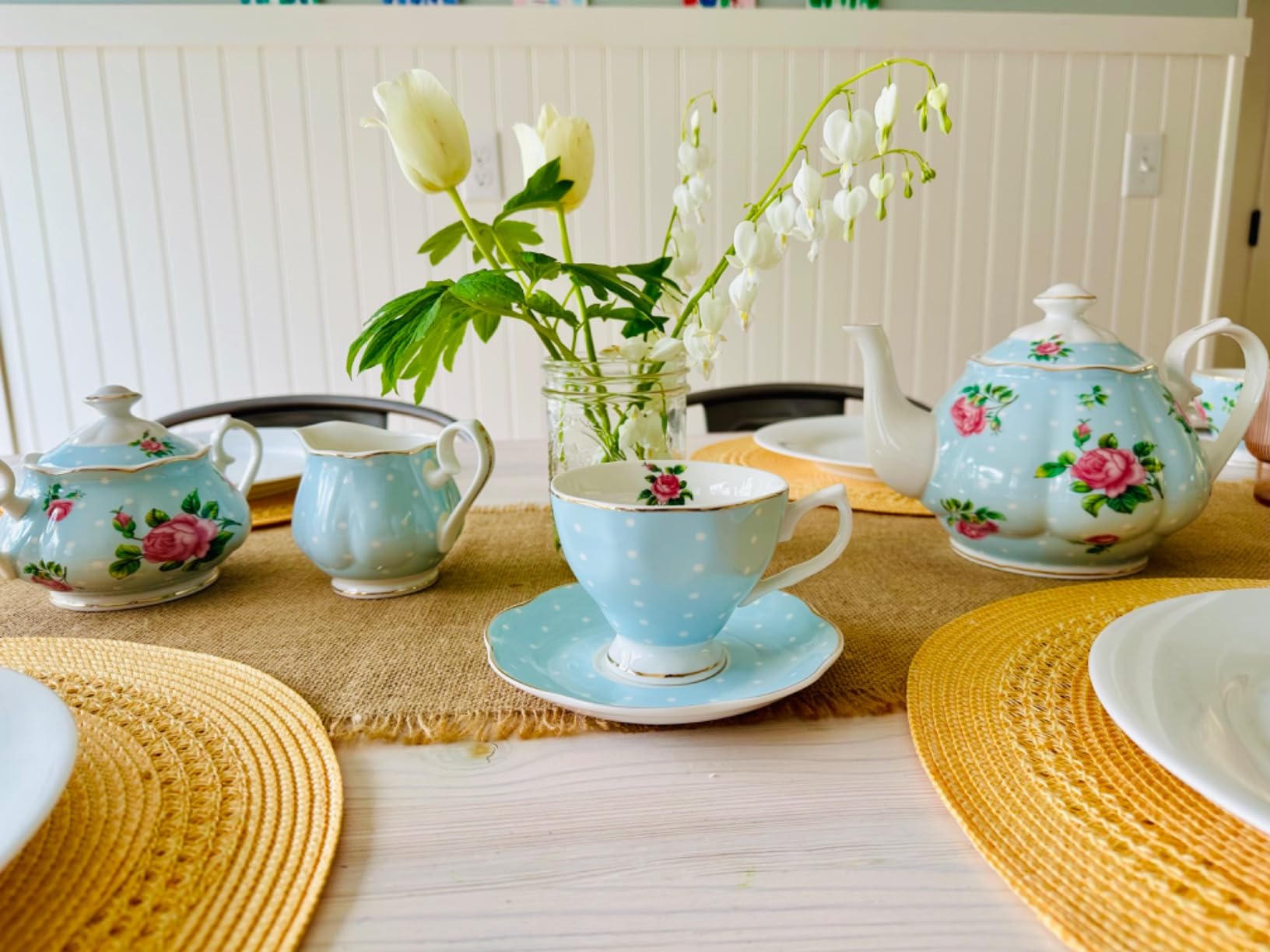 BTaT Floral Tea Sets for Adults, 13 pcs, Service for 4, Pot (38 oz) & Cups (8 oz) with Saucers, Pastel Blue Floral Design, Porcelain Tea Set for Adult, Dishwasher Safe customer photo 1