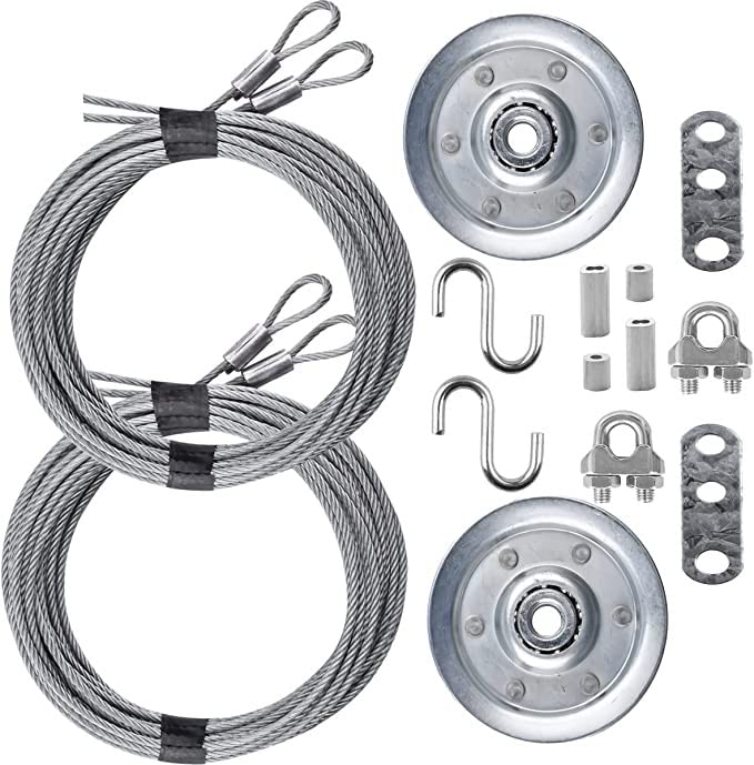 Garage Door Cable and Pulley Replacement Kit Including 4 Galvanized Aircraft Cables (2 Pairs) - 3/32