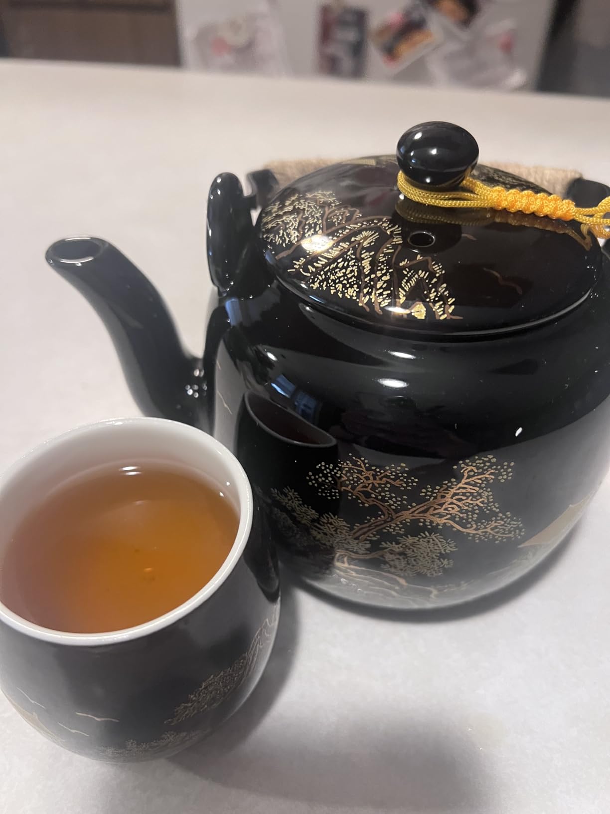 Dujust Japanese Tea Set, White Porcelain Chinese Tea Set (Plum in Golden), 1 Teapot Set, 6 Tea Cups, 1 Tea Tray, 1 Stainless Infuser, Cute Asian Tea Sets for Adults/Tea Lover/Women/Men customer photo 2
