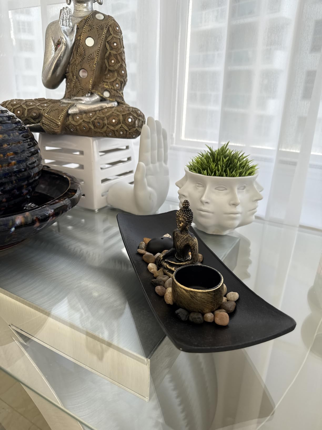 Jovivi Zen Garden Set Buddha Statue, Mallet & Rocks and Crystals & Incense Stick Holder Bowl & Wooden Display Tray for Yoga Meditaion Home Table Decor Gift customer photo 2