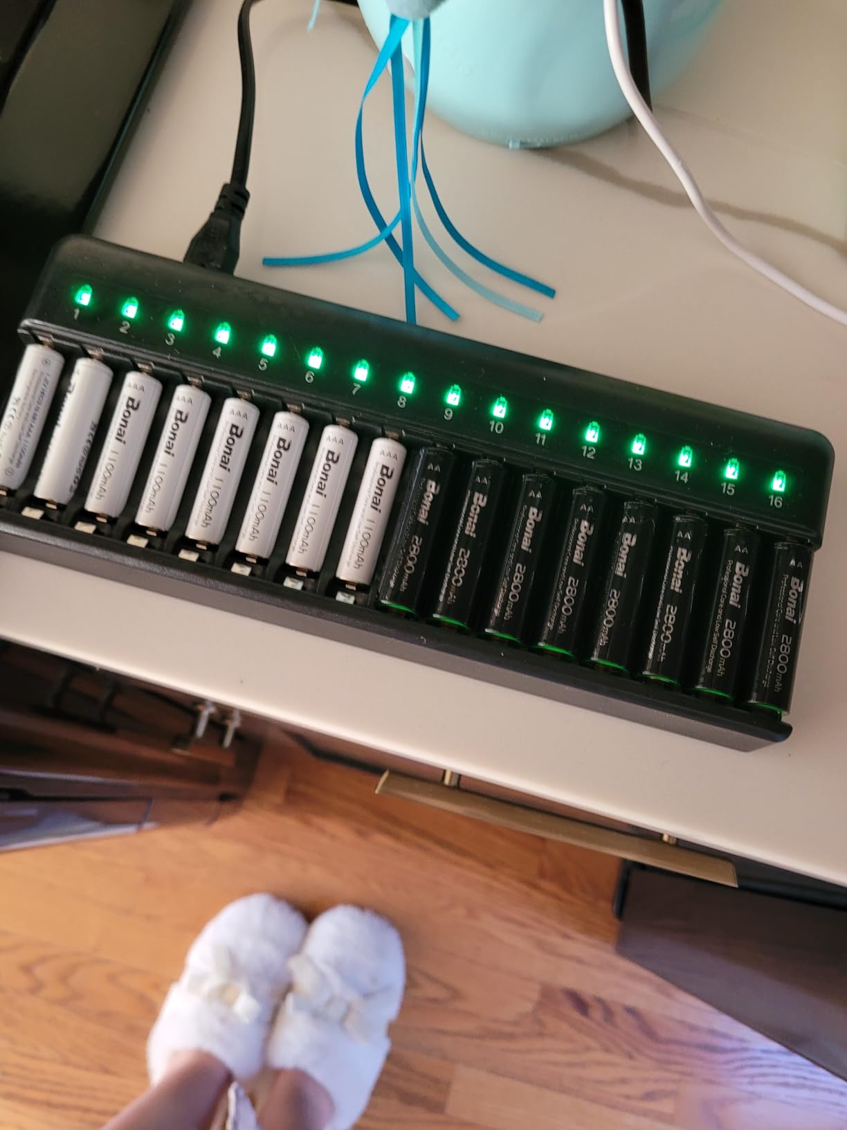 BONAI AA AAA Battery Charger 16 Bay for NiMH Rechargeable Batteries Independent Control with LED Light and Standard American AC Charging Plug, Battery not Included - Black customer photo 2