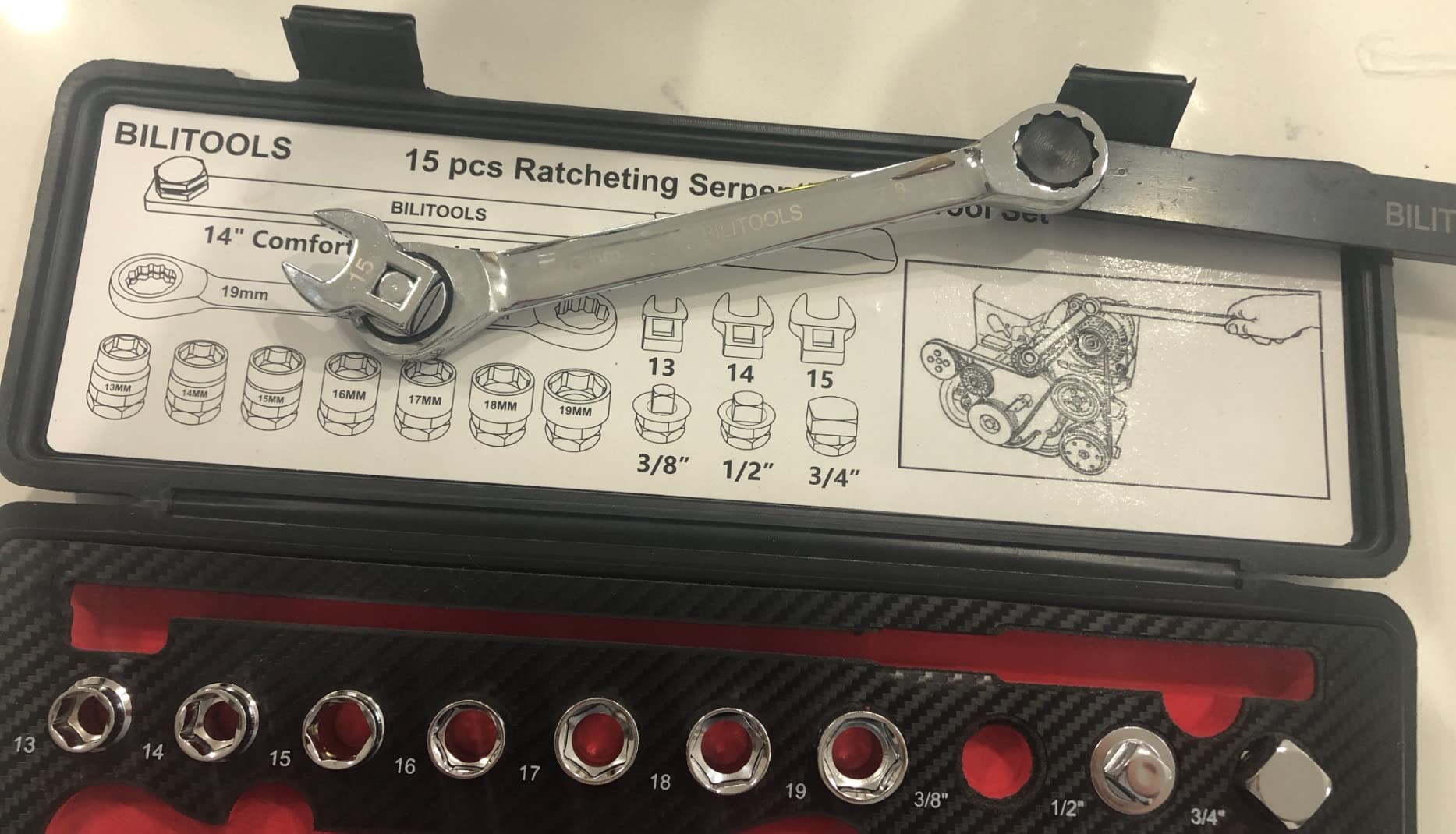 BILITOOLS 15-Piece Universal Ratcheting Serpentine Belt Tool Set | Universal Set with Crowfoot Wrenches & Socket Adapters, 19mm & 7/8