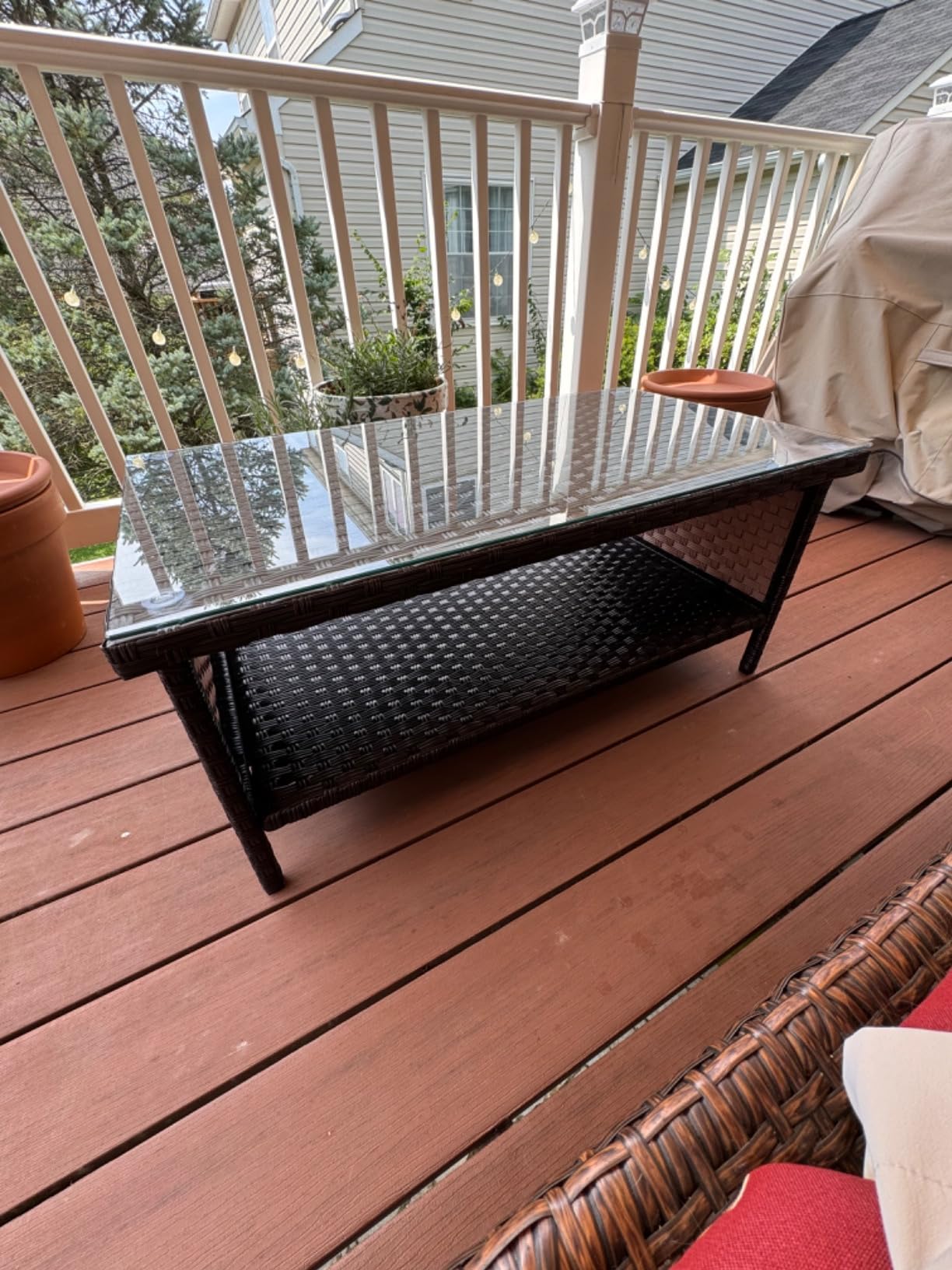 Outdoor Wicker Coffee Table Patio Furniture Garden Rattan 2-Layer Glass Table with Storage and Furniture Cover, Brown customer photo 2