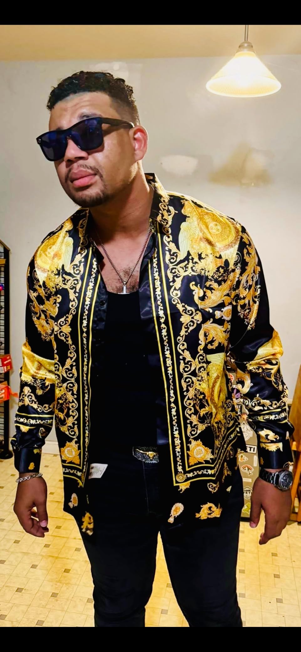 Mens Luxury Brand Print Silk Satin Design Button Down Dress Shirt customer photo 2