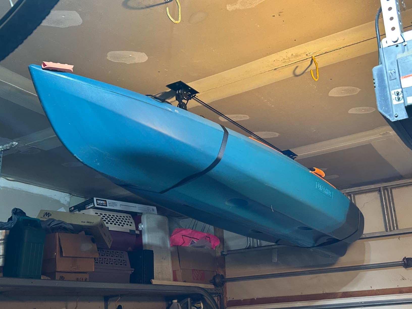 StoreYourBoard Kayak and Canoe Ceiling Hoist - Overhead Garage Storage Rack for Kayaks, Canoes, and Paddle Gear - Heavy Duty Pulley System Indoor Ceiling Mount customer photo 2
