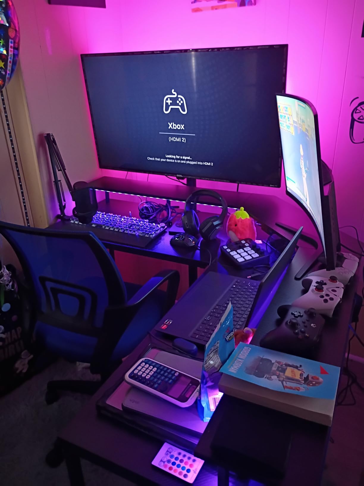 Huuger L Shaped Gaming Desk with Power Outlets & LED Lights, Computer Desk with Monitor Shelves, Carbon Fiber Surface, Home Office Desk, Corner Gaming Desk with Hooks, Carbon Fiber Black customer photo 2
