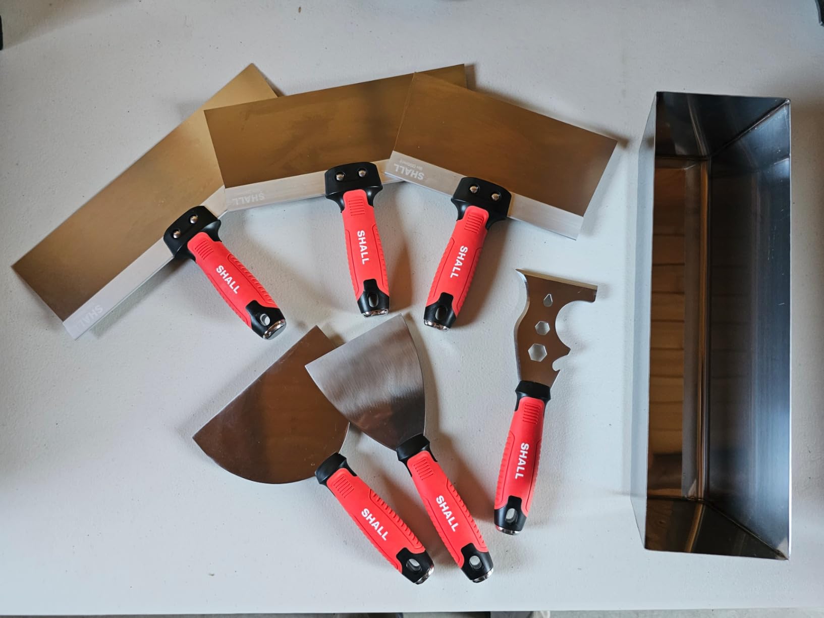 SHALL Drywall Tool Kit, 7 Pcs Stainless Steel Set Includes Putty Knife, Taping Knife, Painter Scraper Tool & 12