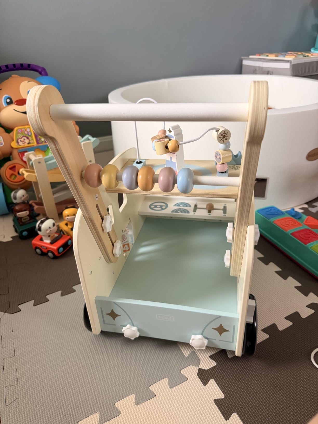 ROBOTIME Wooden Baby Walker, Baby Push Walker, Baby Activity Center Toys, Ajustable Speed Multi-Functional Baby Walker with Wheels for Boys and Girls(Vacation Bus) customer photo 1