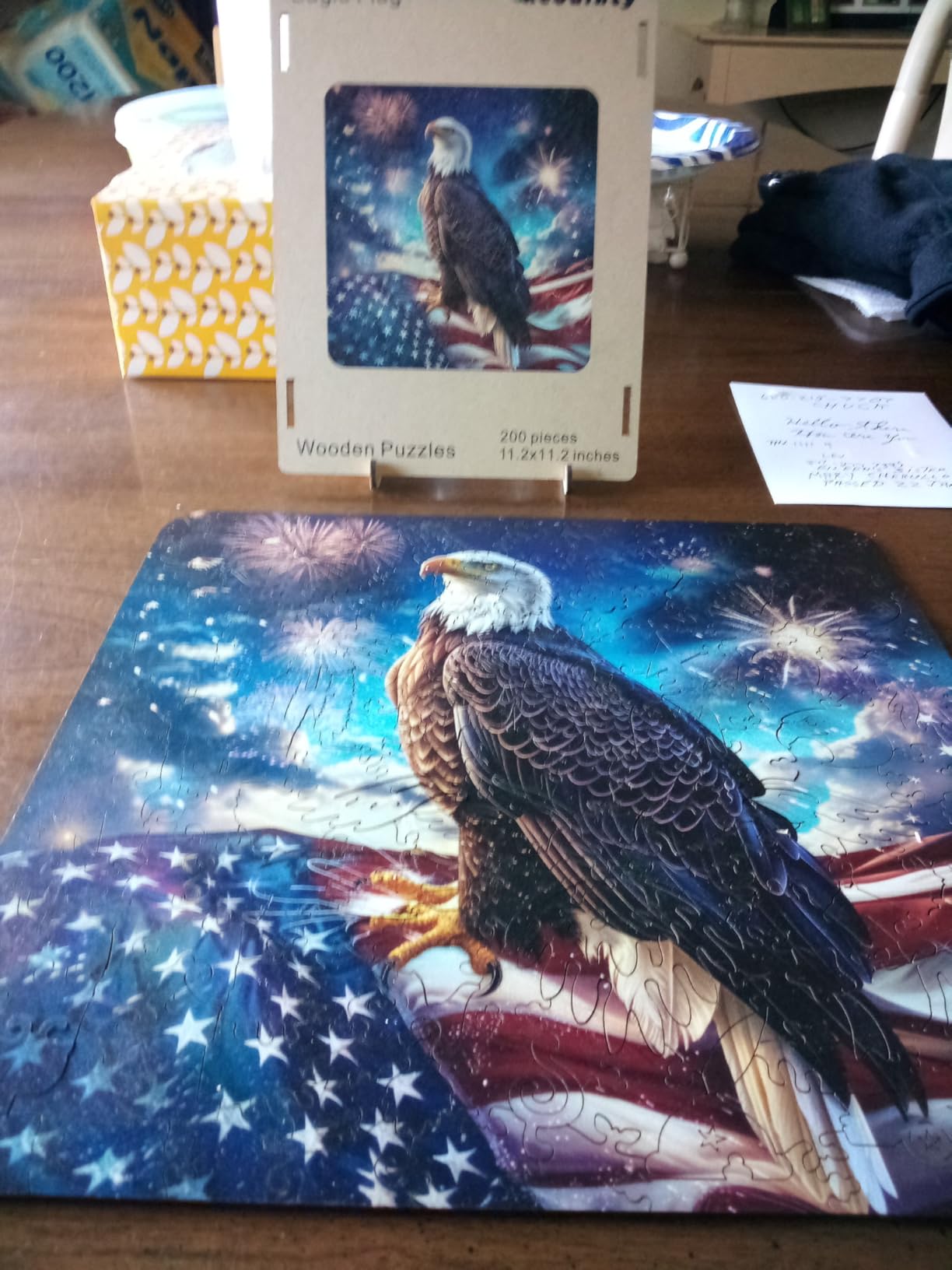 Reouinty Wooden Puzzle for Adults, Eagle Flag 200 Piece 11.2x11.2 in | Jigsaw Puzzle, Independence Day Puzzle, Beautiful Wall Decor, Unique Puzzle, Wood Puzzle for Patriot, Gifts for Family Game customer photo 2