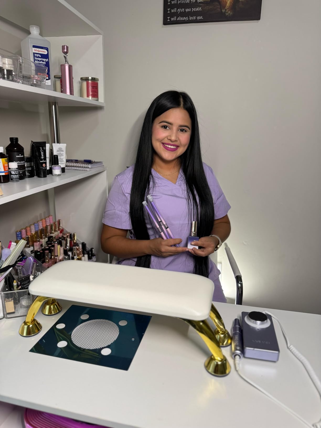 Kikihouse Manicure Table with Dust Collector, L-Shaped Nail Desk with Stool | Reversible Nail Station with Wheels, Two-Way Drawer & Cabinet, Storage Shelves, 4 Dust Bags and Wrist Rest Included (White) customer photo 1