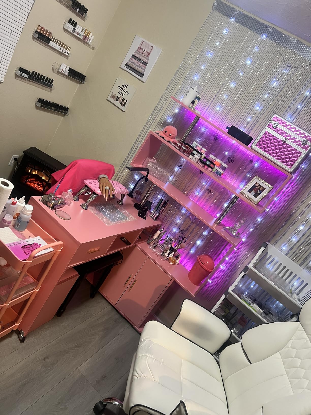 Kikihouse Manicure Table with Dust Collector, L-Shaped Nail Desk with Stool | Reversible Nail Station with Wheels, Two-Way Drawer & Cabinet, Storage Shelves, 4 Dust Bags and Wrist Rest Included (White) customer photo 2