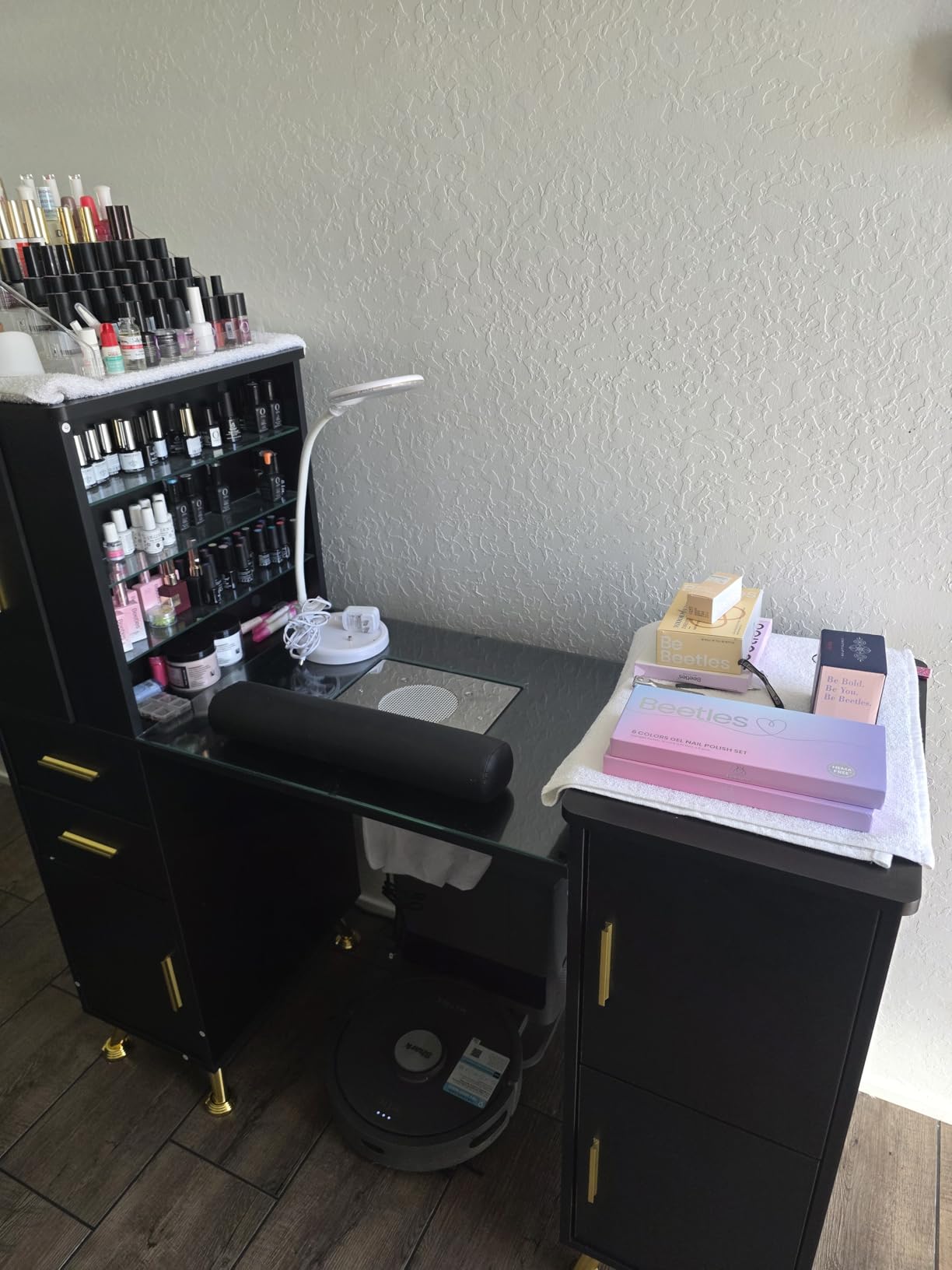 Kikihouse Nail Desk Manicure Table with Dust Collector & Glass Top (Black) | Large Storage Space with Cabinets & Drawers, 4 Dust Bags & Wrist Rest Included, Professional Beauty Salon Nail Tech Station customer photo 1