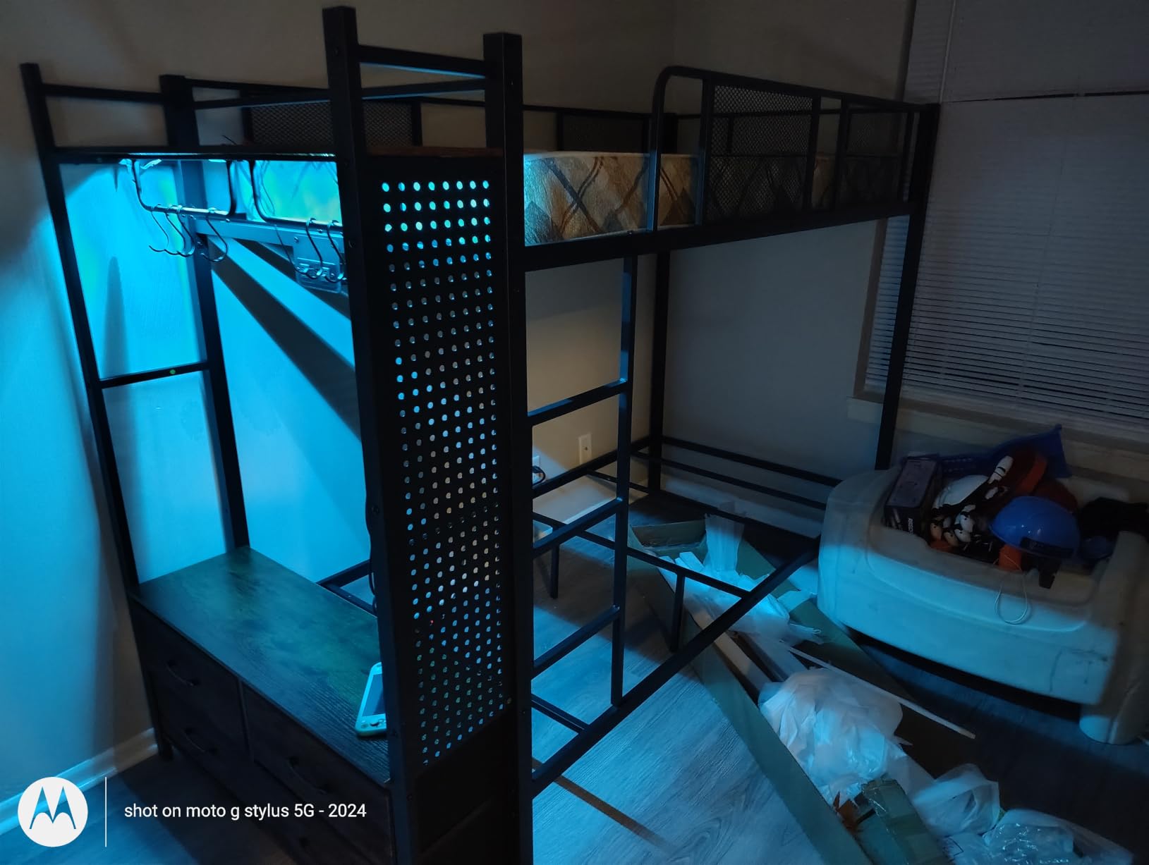 Itaar Metal Bunk Bed Twin Over Twin with Hall Tree, Power Outlet, LED Bunk Bed with 4 Storage Drawers, Bed with Safety Guardrail & Ladders, No Box Spring Needed, Easy Assembly, Rustic Brown customer photo 1