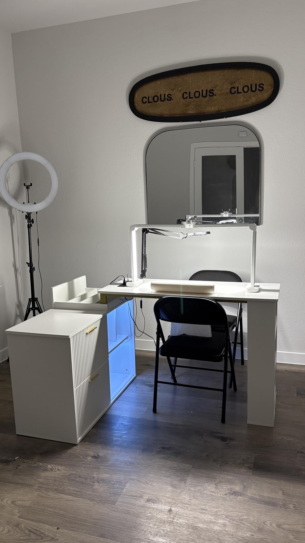 Kikihouse L-Shaped Manicure Table with Dust Collector, Outlet & LED Light | Large Storage Space, Sliding Cabinet Door, Length Adjustable Corner Nail Station, Nail Tech Desk for Home Spa Salon (Black) customer photo 1