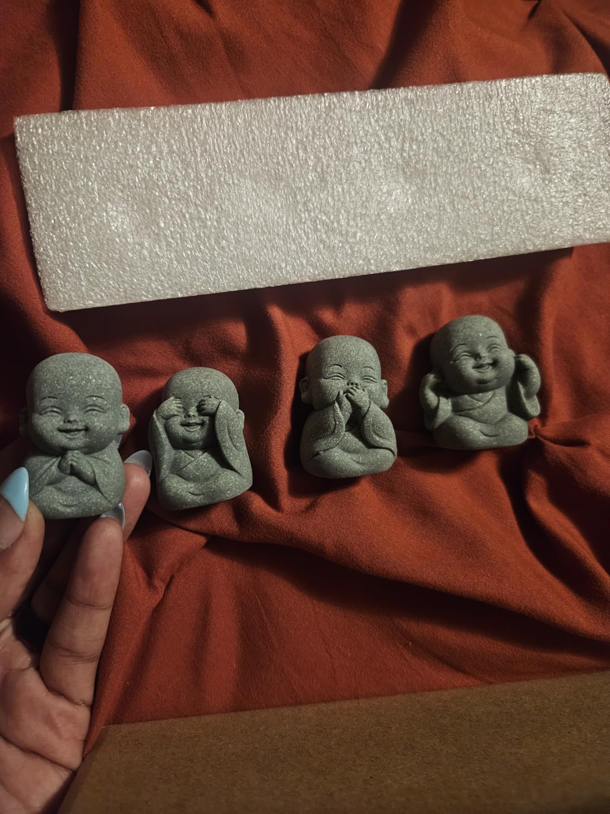 4Pcs Baby Buddha Statue Set, 2 Inch Mini Zen Monk, Sandstone Buddha for Desk Decor, Laughing Buddha for Good Luck, Car Dashboard, Home & Living Room Decor with Blessing Amulet customer photo 1