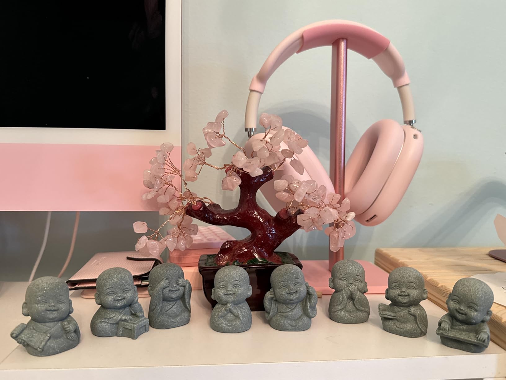 4Pcs Baby Buddha Statue Set, 2 Inch Mini Zen Monk, Sandstone Buddha for Desk Decor, Laughing Buddha for Good Luck, Car Dashboard, Home & Living Room Decor with Blessing Amulet customer photo 2