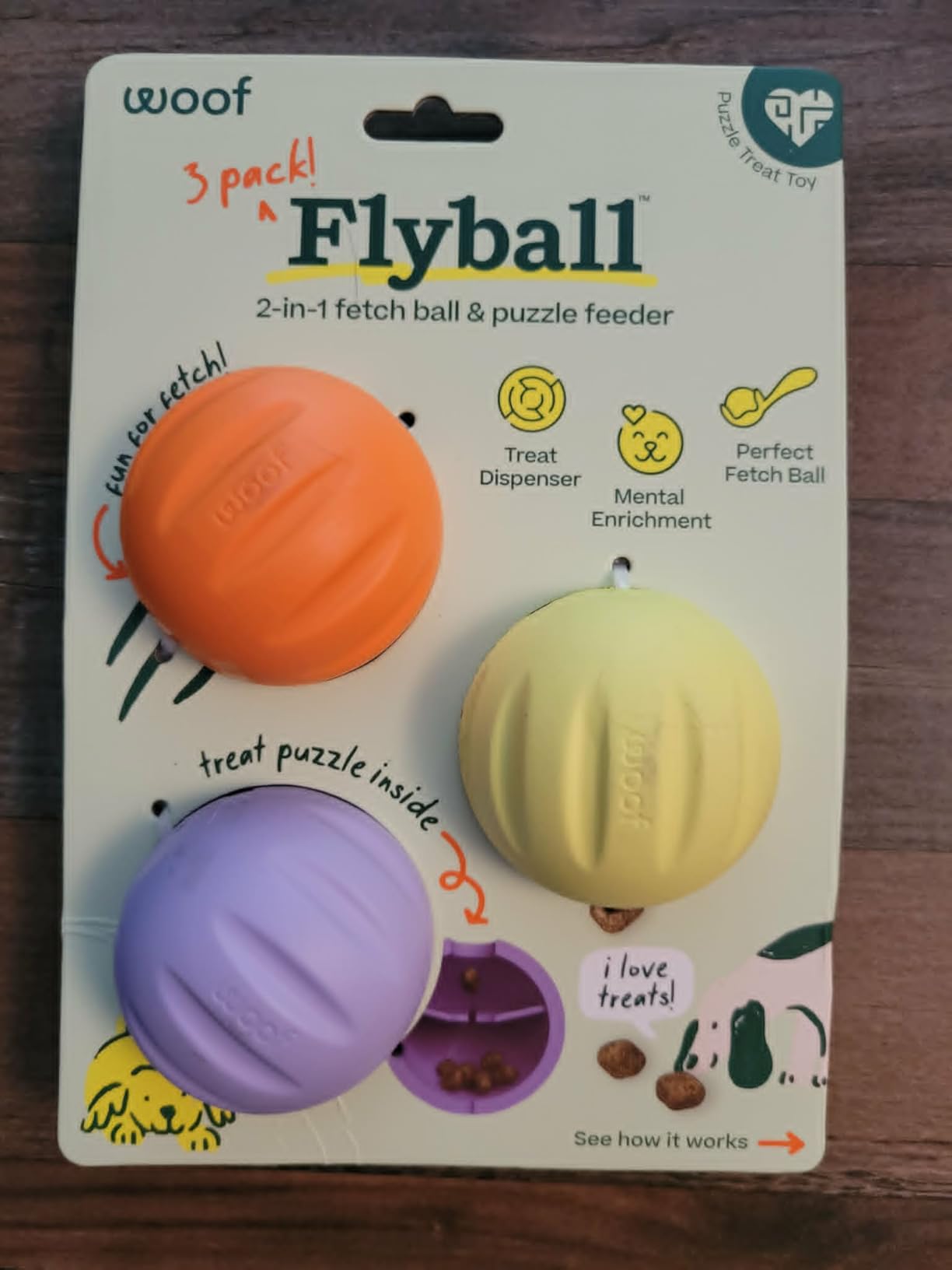 WOOF Flyball Fetch Ball & Dog Treat Dispenser Toy, 3-Pack | 2-in-1 fetch ball, fits standard ball launchers, treat dispenser, durable rubber, dishwasher safe, puzzle enrichment customer photo 2