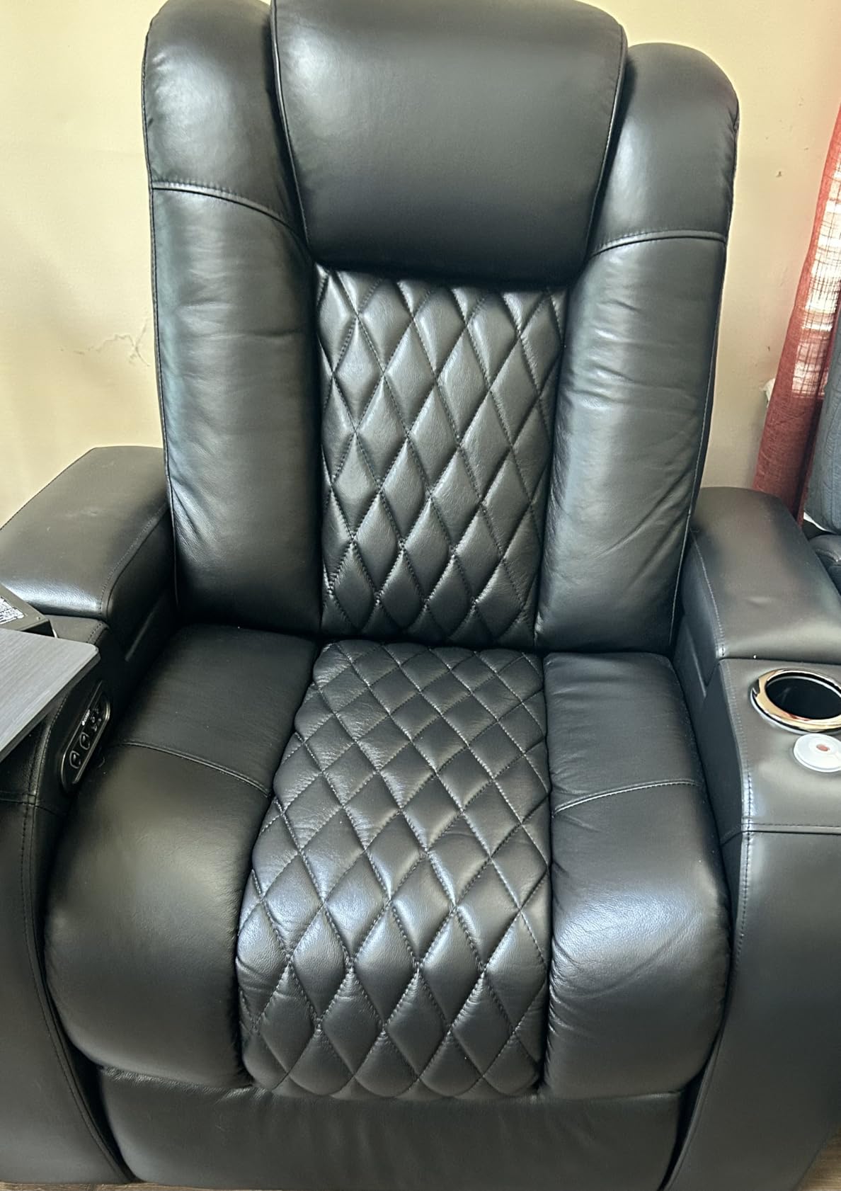Seatcraft Diamante Home Theater Seating Black/Tan Oak Row 3 Left Loveseat | Italian Leather, Wall Hugger, Zero Gravity, Powered Headrest, Power Recline, Zero Gap, USB charging customer photo 1