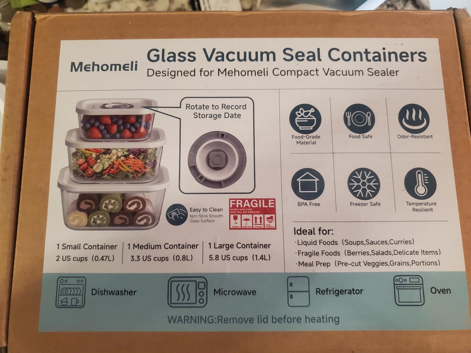 Mehomeli Glass Vacuum Seal Containers, 3-Piece Set, Small Medium Large | BPA-free, Borosilicate Glass, Date-tracking lids, Ideal for liquids and delicate foods, Works with handheld vacuum sealers customer photo 2