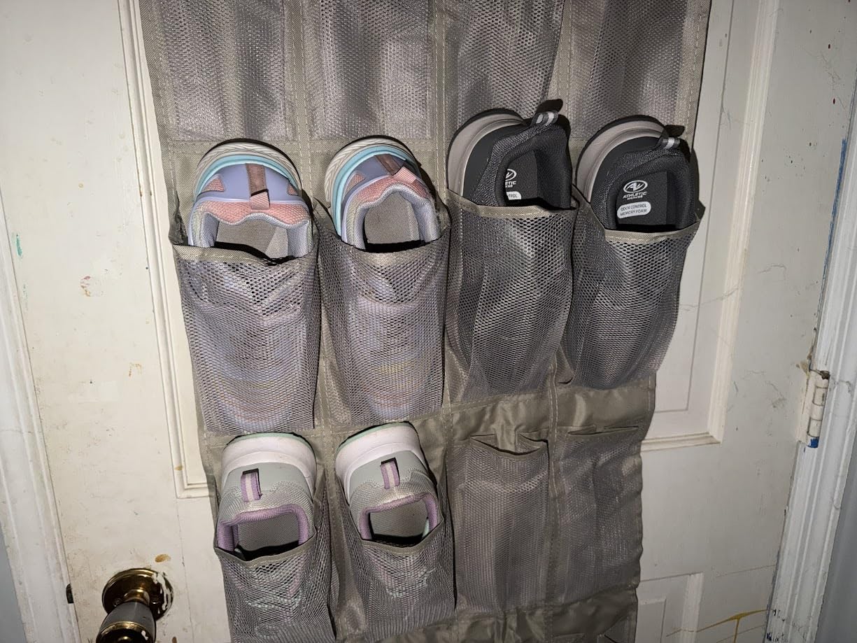Amazon Basics 24 Medium Mesh Pocket Over-the-Door Hanging Shoe Organizer, Space Saving Shoe Storage, Light Grey customer photo 2