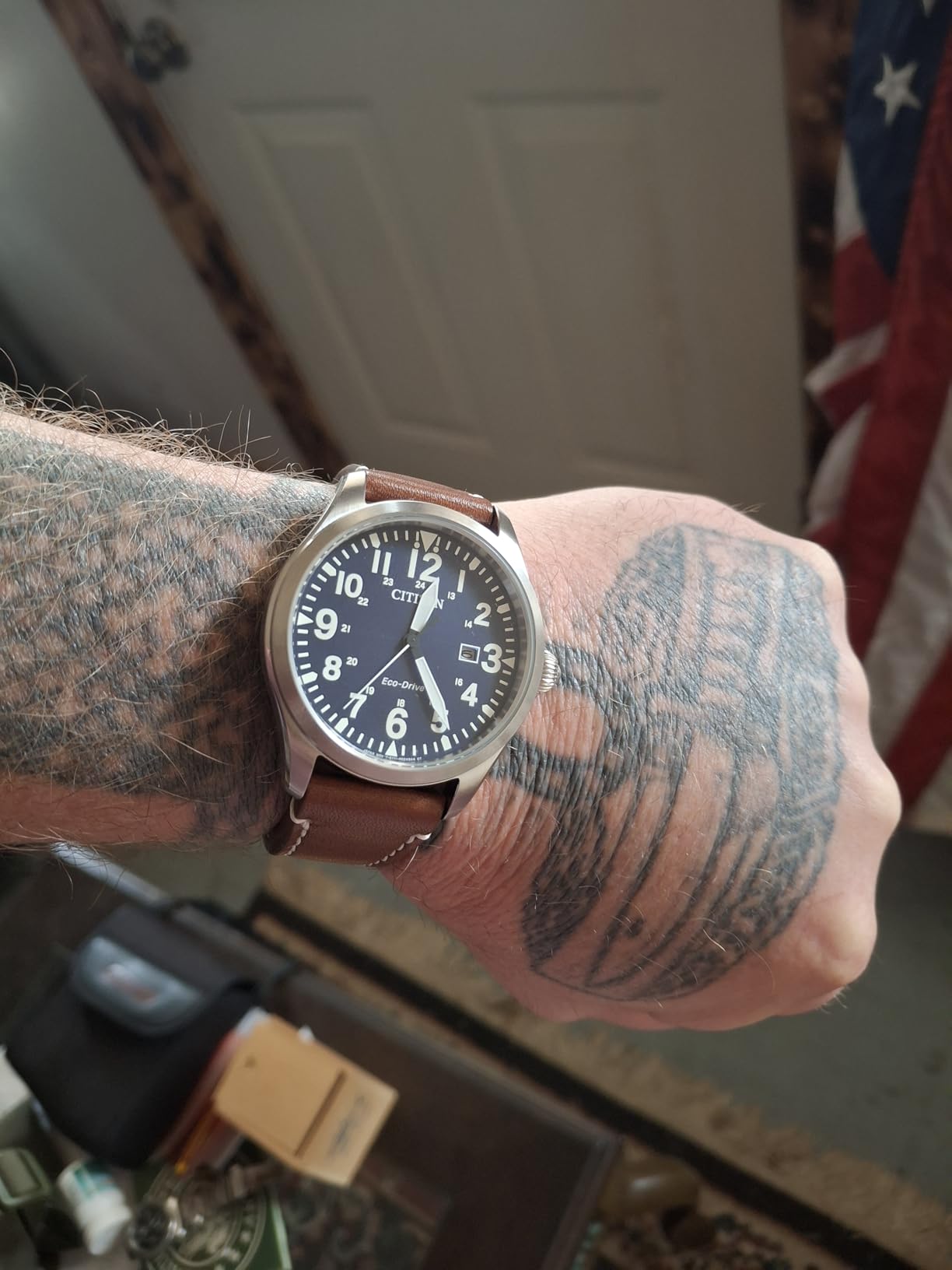 Citizen Men's Sport Casual Garrison 3-Hand Date Eco-Drive Leather Strap Watch, Arabic Markers, Stainless Steel, Field Watch customer photo 1