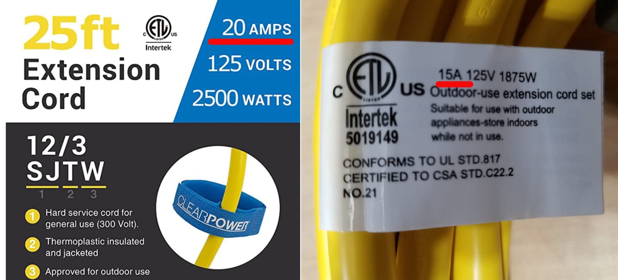 Clear Power 25 ft 12/3 SJTW Heavy Duty Outdoor Extension Cord, Water & Weather Resistant, Flame Retardant, Yellow, 3 Prong Grounded Plug, CP10144 customer photo 1