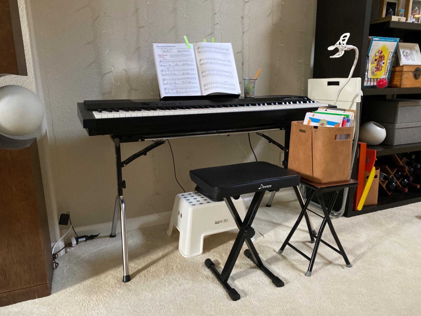 Donner Piano Bench, Adjustable Keyboard Bench Portable Stool Collapsible Chair Foldable Seat X-Style, 2.4 Inch Thickness High-Density Sponge Padded, Non-Skid Design, Black customer photo 2