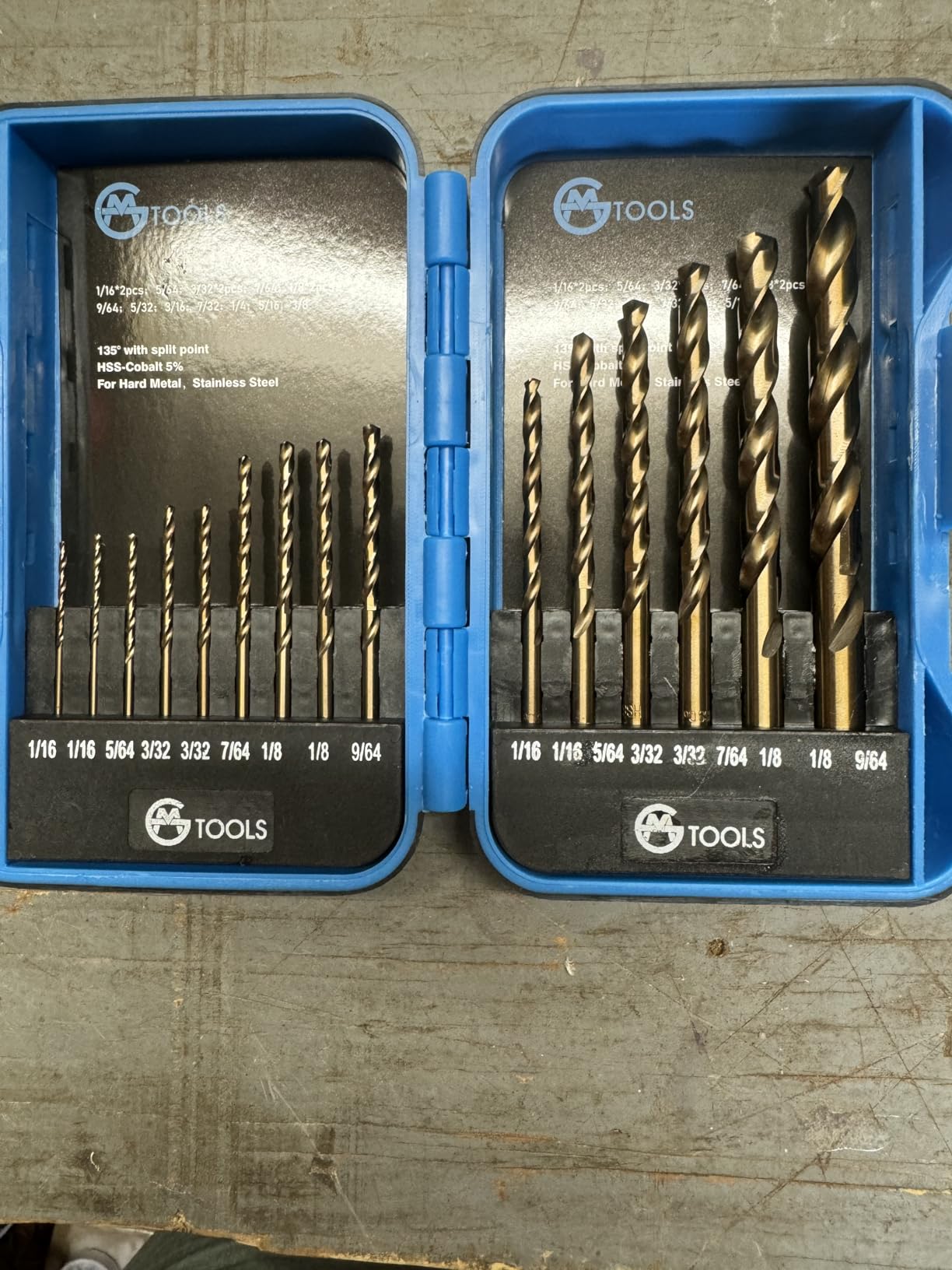 GMTOOLS 15Pcs Cobalt Drill Bit Set, M35 HSS, 135 Degree Tip, Twist Jobber Length Drill Bit Kit for Hardened Metal, Cast Iron, Stainless Steel, Plastic and Wood, with Indexed Storage Case 1/16