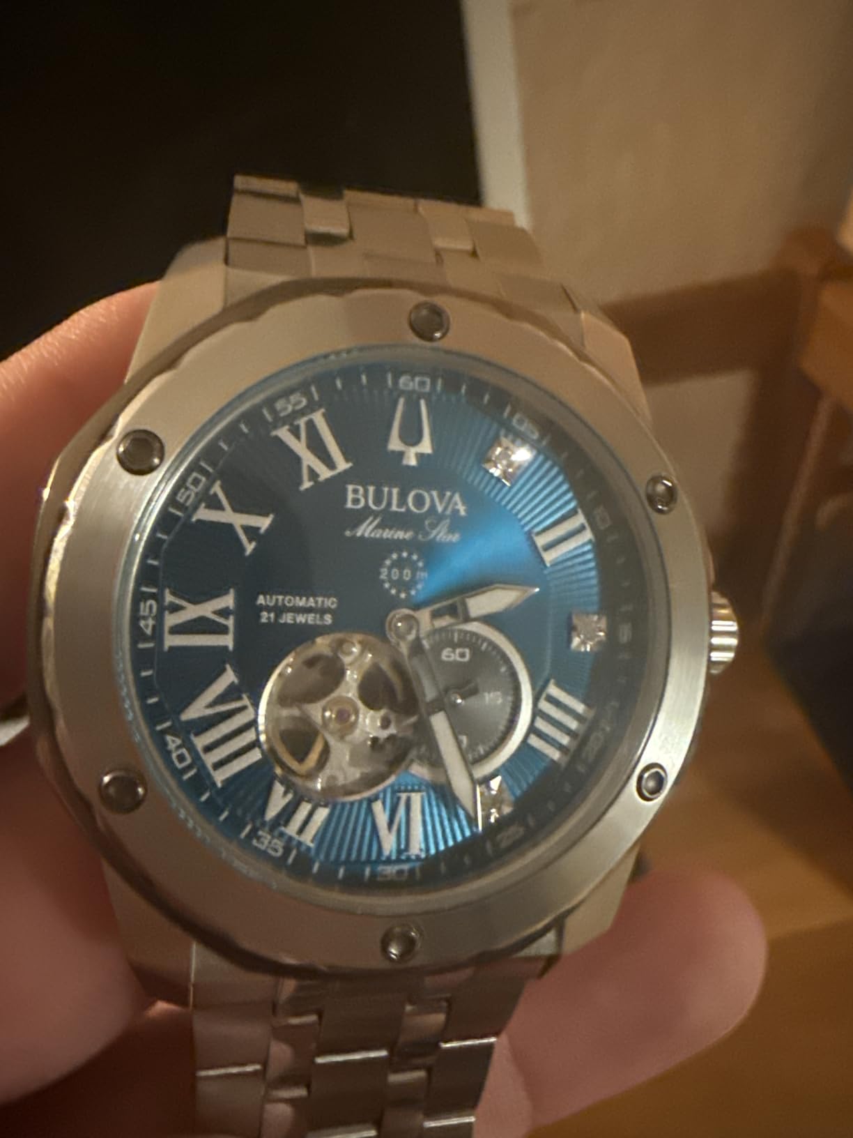 Bulova Marc Anthony Men's Automatic Marine Star Stainless Steel Watch,Open Aperture,Exhibition Case Back,Diamond Accent Blue Sunray Dial, (Model:98D184) customer photo 1
