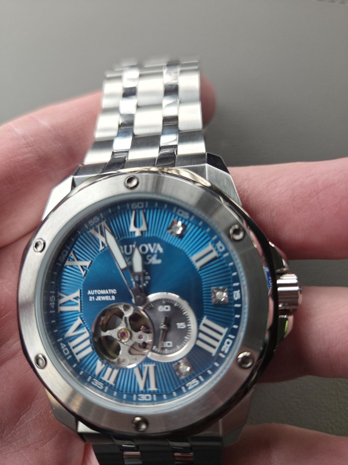 Bulova Marc Anthony Men's Automatic Marine Star Stainless Steel Watch,Open Aperture,Exhibition Case Back,Diamond Accent Blue Sunray Dial, (Model:98D184) customer photo 2
