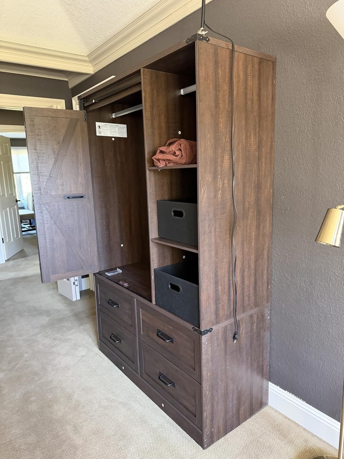Farmhouse 4 Doors Armoire Wardrobe Closet w/Folding Sliding Barn Door and Lights, LED Armoire Closet w/Drawers for Bedroom, Freestanding Wooden Wardrobe Storage Closets w/Hanging Rod,Antique White customer photo 2